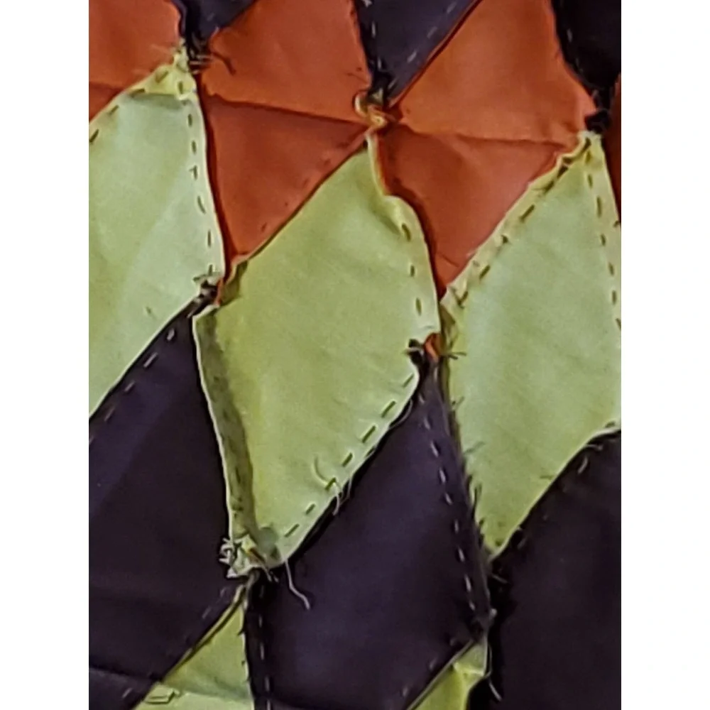 Vntg. Harlequin Diamond Patchwork Quilt Blocks Hand Stitched Orange Brown Yellow